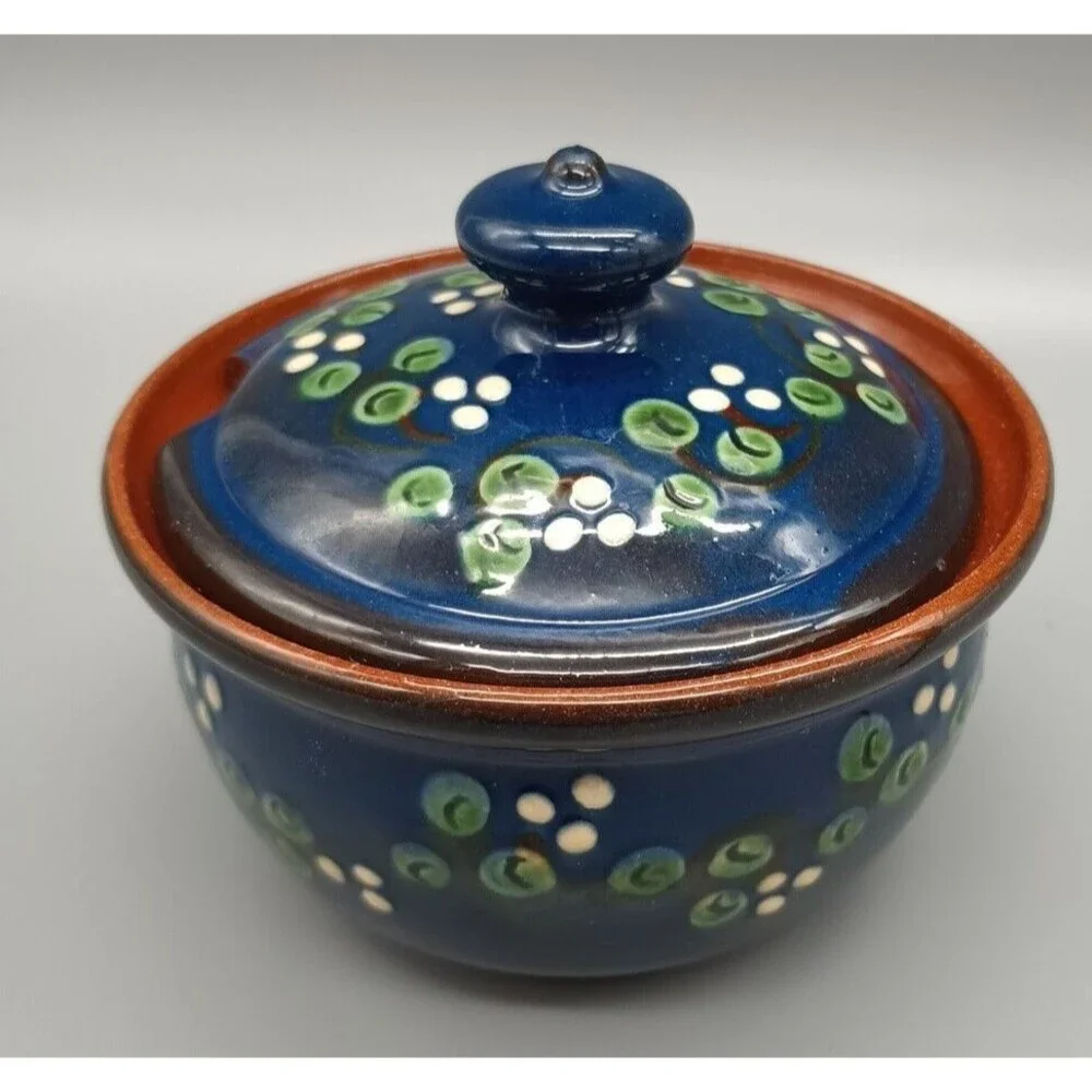 redware folk art pottery Sugar Bowl Jam Jar Hand Painted Blue Green White